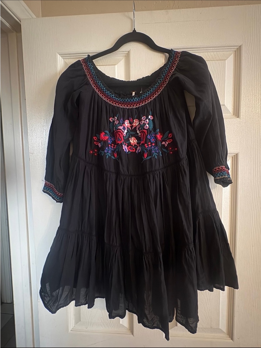 Free People Black Tiered Dress with Pink & Blue Floral Embroidery